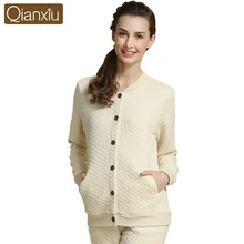 Qianxiu Women Winter Pajama Sets Knitted Thicken Cotton Padded Pyjamas Sleepwear Casual Long Sleeve Sleep Lounge Warm Homewear