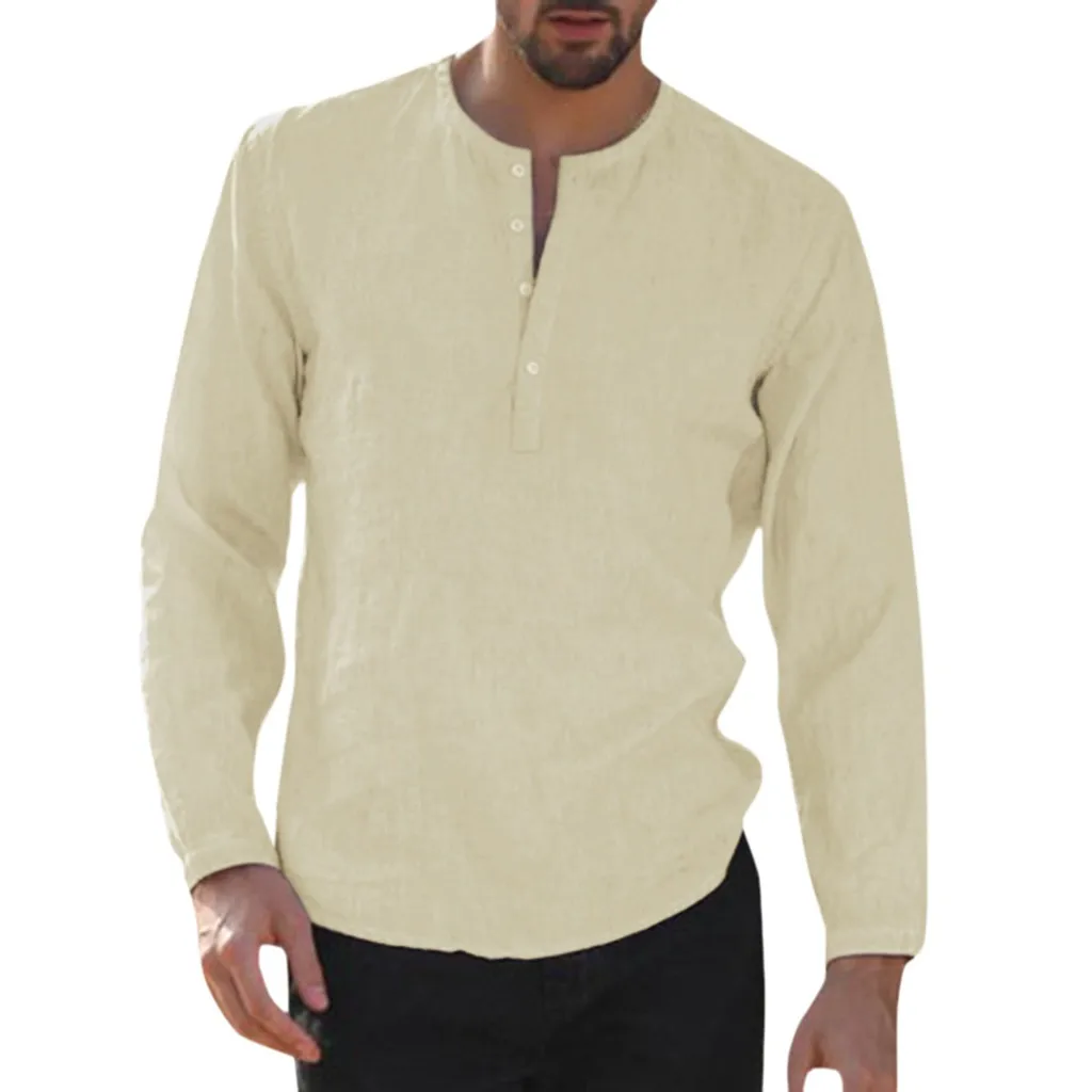 Повседневная хлопковая льняная рубашка с пуговицами, Мужская Ретро футболка с длинным рукавом и v-образным вырезом, мужские летние топы, Азиатский Размер, Camisetas Hombre 2