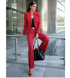 Красный Профессиональный брючные костюмы с жакетами и брюки Офис Равномерное Дамы Бизнес Для женщин брюки костюмы женские брюки