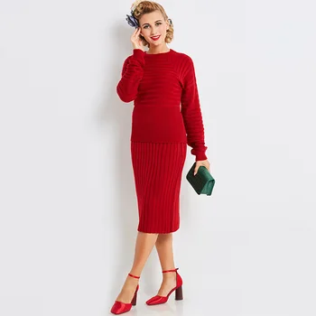 

Vogue Nice Autumn Women Retro Red Bodycon Sheath Sweater Dresses Knee Length Female Elegant Party Dress O Neck Collar Dresses