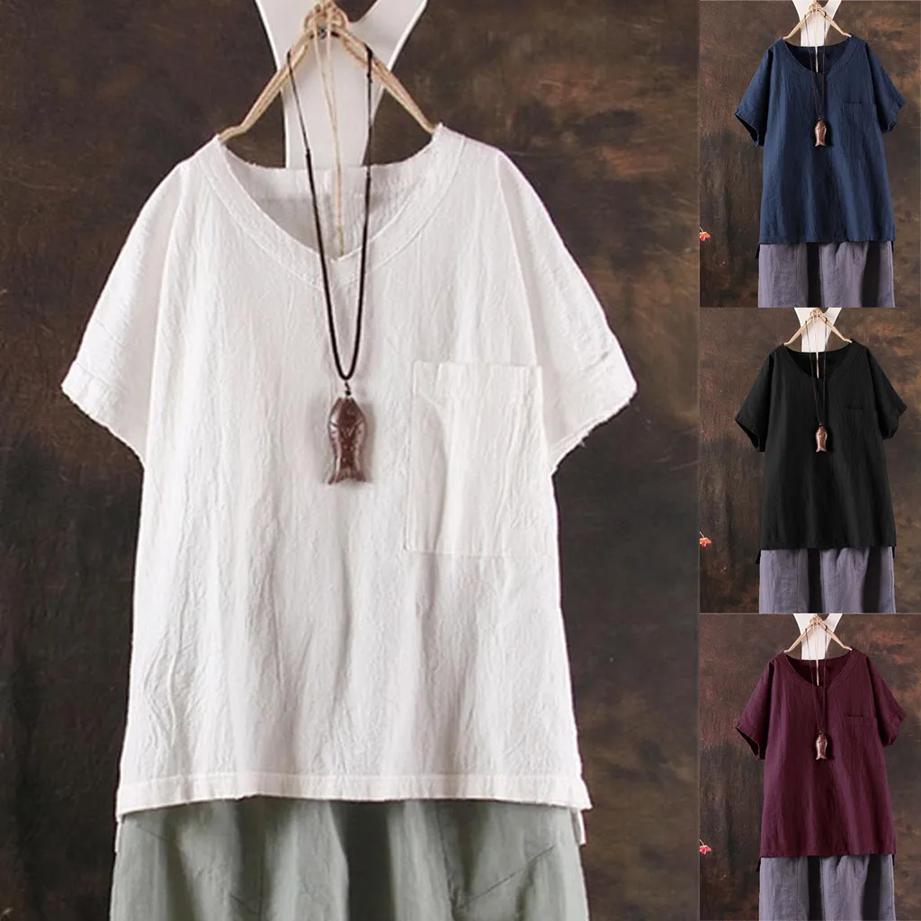

Women Cotton Linen T Shirt Casual Loose Solid daily Brief Short Sleeve Pocket summer Tops V Neck Office Wear Poleras Mujer#s