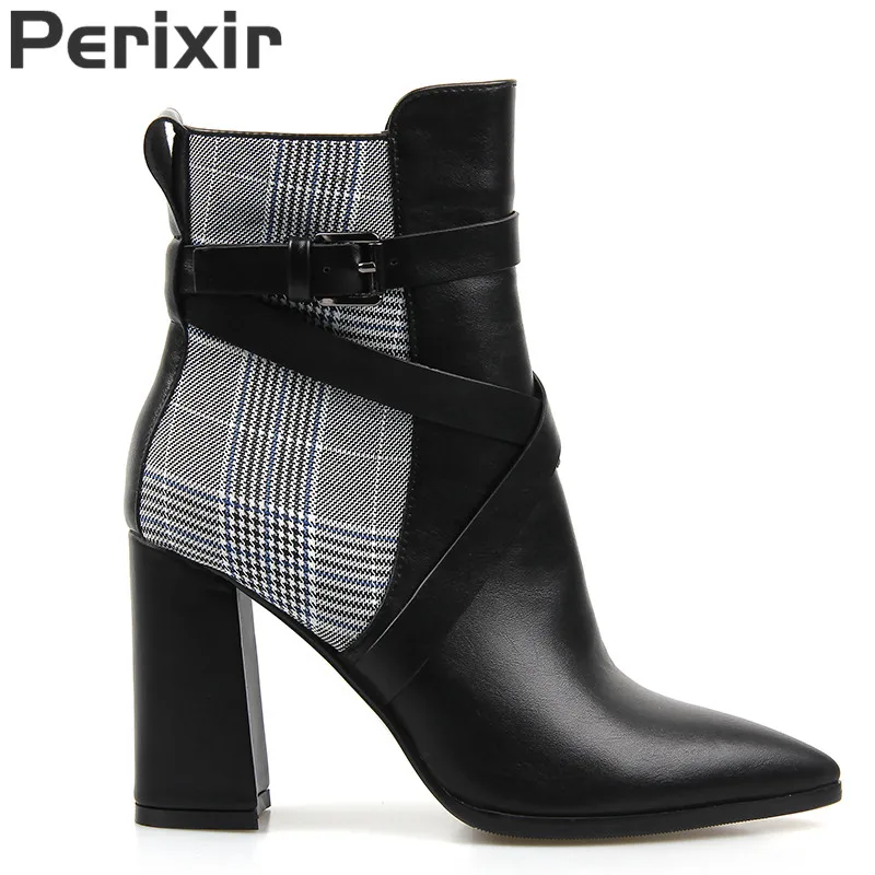

Perixir Women Ankle Boots Winter Cotton Fabric PU Pointed Toe Square Heel Winter Bukkle Lady Ankle Boots Short Shoes