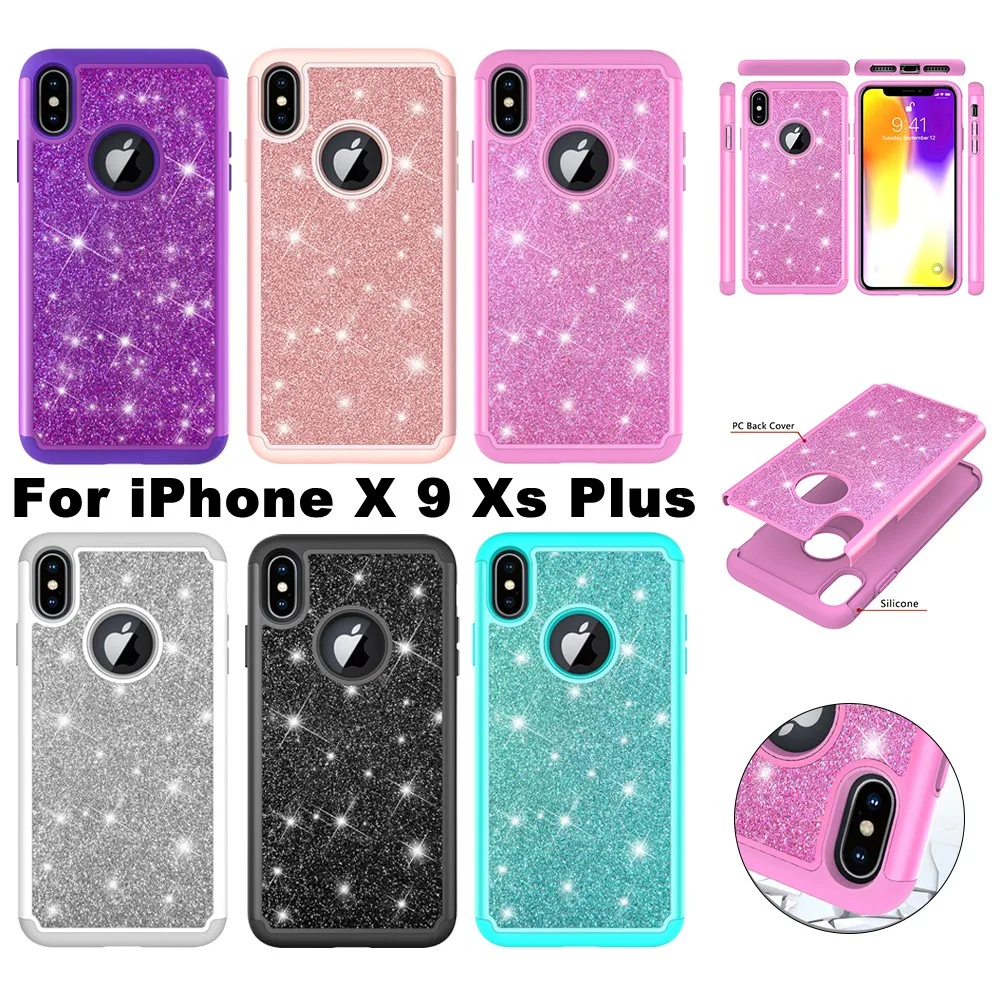 

For iPhone X XR Xs Max Bling Case Glitter Luxury Dual Layer Shockproof PC Soft Silicone Protector Case for iPhone 6s 7 8 Plus