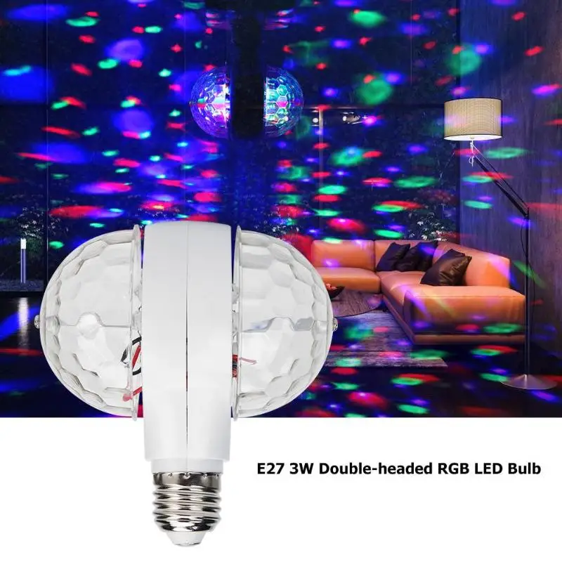 E27 3W Double-headed Colorful Auto Rotating RGB LED Bulb Stage Light Magic Ball Disco Lamp for Party Wedding