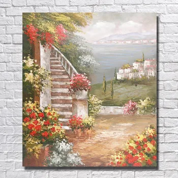

Modern Handmade Oil Painting on Canvas Beautiful Seaside Garden Build Wall Art Picture for Living Room Home Decoration Unframe
