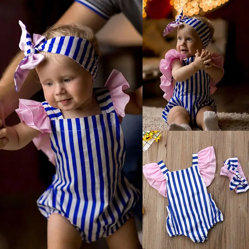 Newborn Baby Girl Clothes Cotton Striped Bodysuits Jumpsuit Headband 2pcs Outfits Summer Set