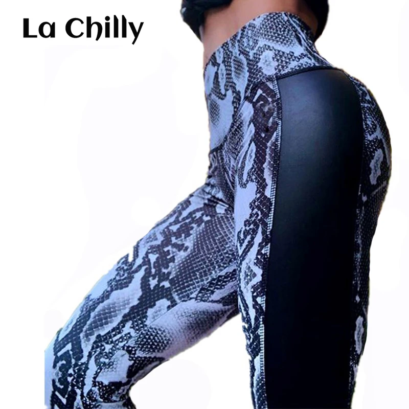 

High Waist Snake Skin Print Push Up Leggings Women Leather Patchwork Polyester Fitness Leggings Pants Mayas De Deporte Mujer