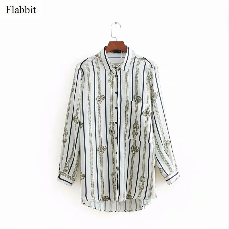 

Flabbit women fashion long sleeve chain striped print casual blouse ladies simple office business shirt chic chemise tops LX0562