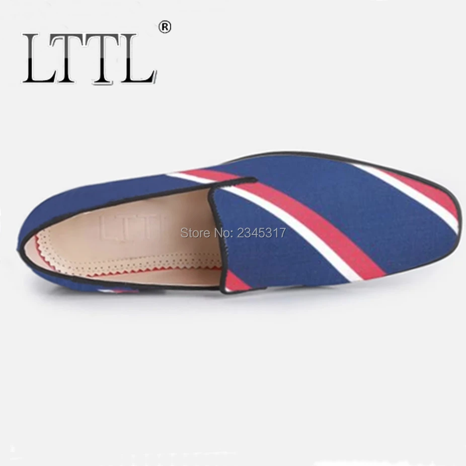

New Arrival 2017 Square Toe Blue Canvas Shoes Men Fashion Striped Loafers Red Sole Big Size Men's Flats Banquet Men Dress Shoes
