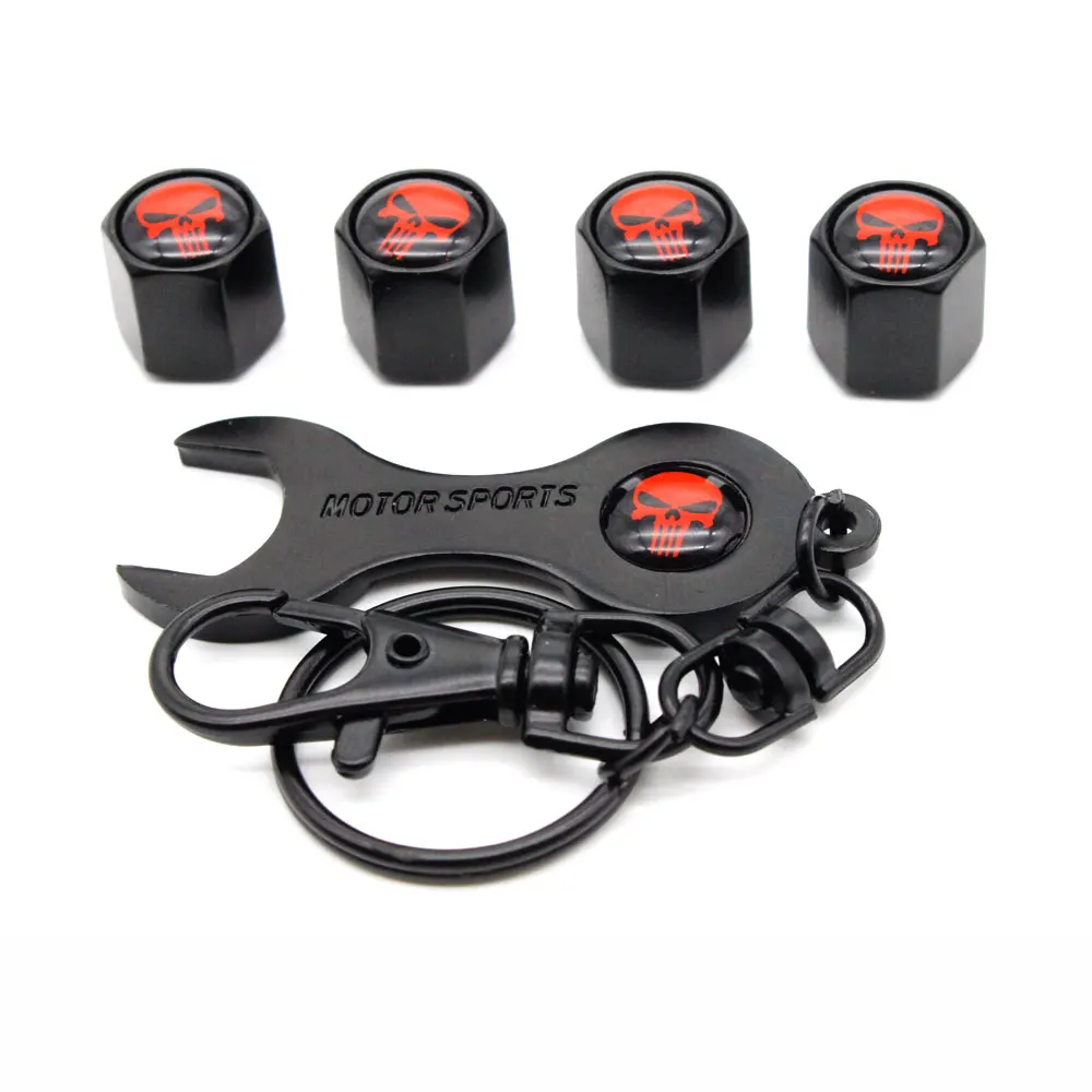

5Pcs/Set Skull Style Anti-theft Emblem Auto Car Wheel Tire Air Valve Caps With Wrench Keychain Zinc Alloy Stem Dust Cover Access