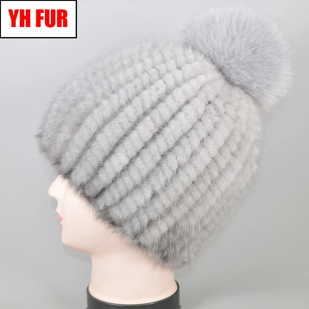 

Outdoor Winter Natural Real Mink Fur Beanies Hat Elastic Knitted Warm Women Good Quality Real Mink Fur Caps Fox Fur Balls Hats
