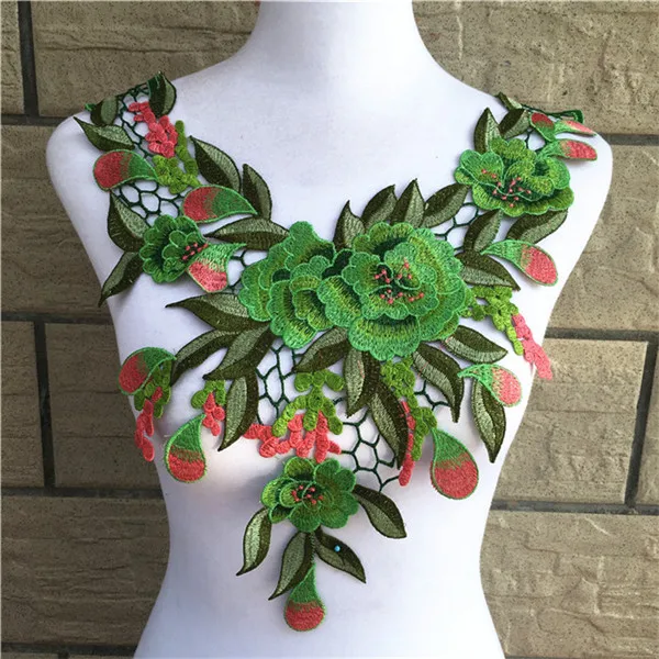1pc greenred flower embroidery applique pacthes lace fabric neckline
