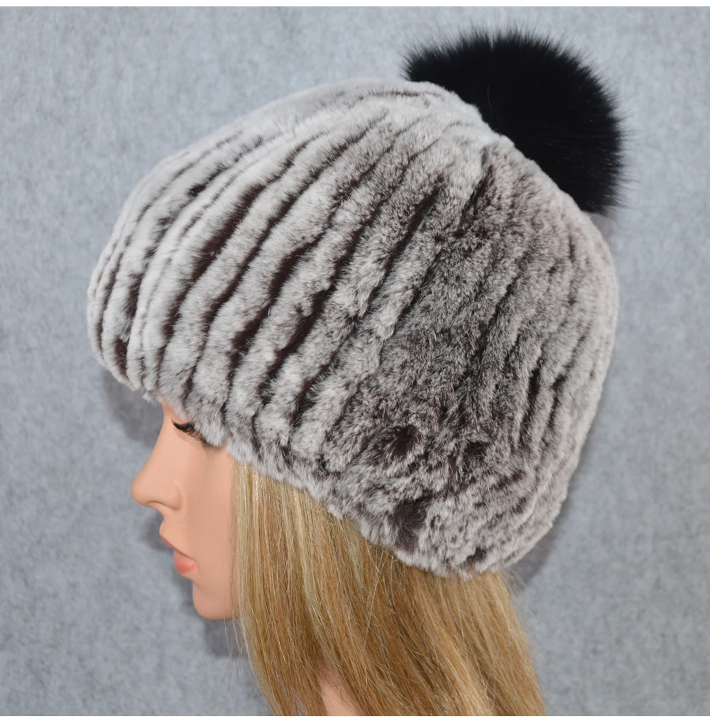 Зимние русские естественно кролика рекс меховая шапка Для женщин Elasitc теплая мягкая ручной вязанный натуральная шерсть шапки помпоны из