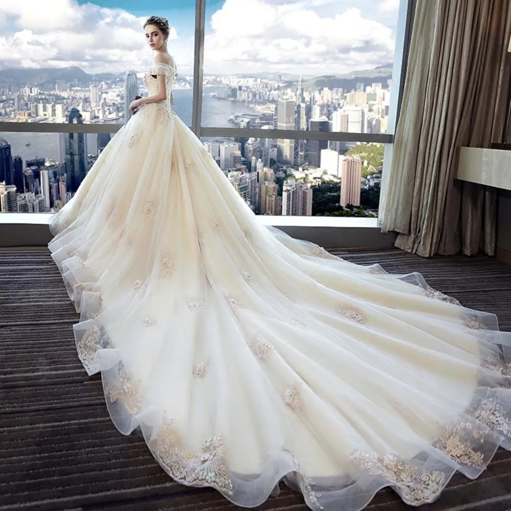 Fansmile Тюль Mariage Vestido De Noiva Кружева Свадебные платья длинный шлейф размера плюс свадебные платья свадебное платье FSM-462T