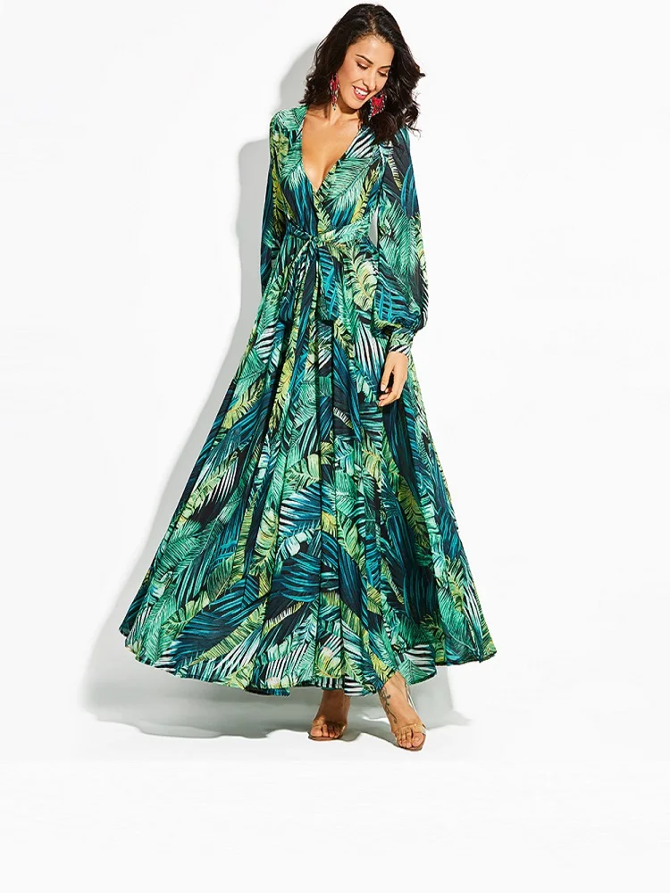 

Summer Long Sleeve Dress Tropical Green Vintage Beach Maxi Dresses Boho Casual V Neck Lace-up Belt Tunic Drape Dress Plus Size