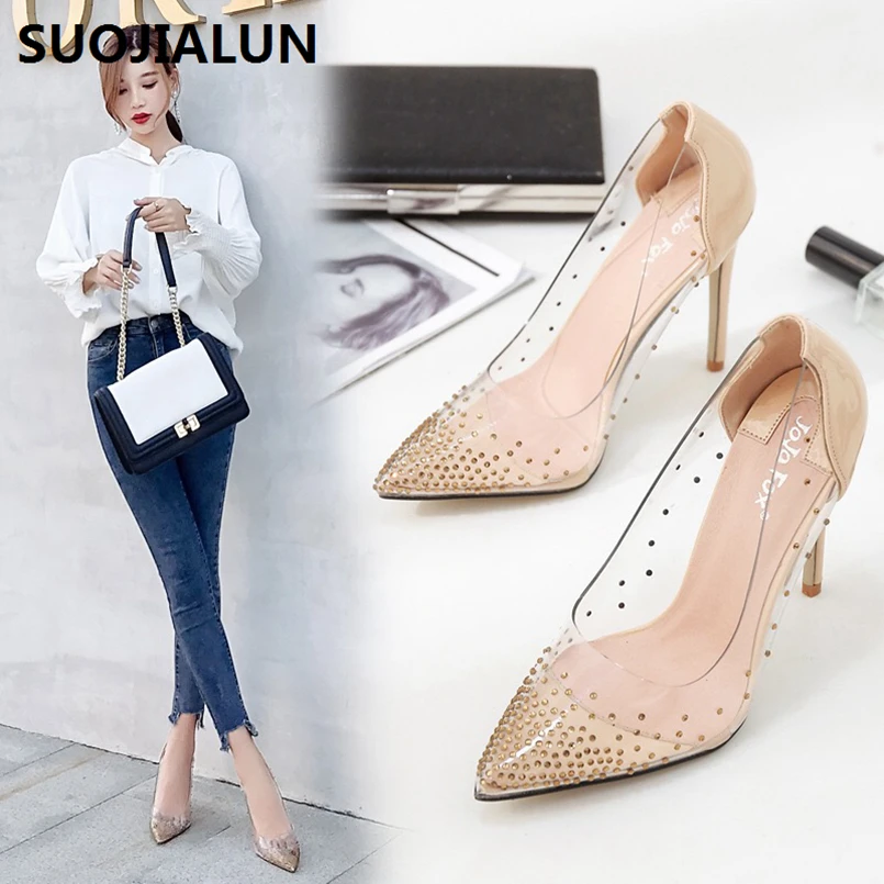 

SUOJIALUN 2019 Rhinestone Women Pumps Wedding Shoes Spring Summer High Heels PVC Sexy Party Shoes Crystal Hight heel sandals