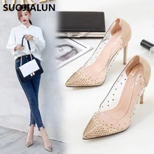 SUOJIALUN 2019 Rhinestone Women Pumps Wedding Shoes Spring Summer High Heels PVC Sexy Party Shoes Crystal Hight heel sandals SUOJIALUN 2019 Rhinestone Women Pumps Wedding Shoes Spring Summer High Heels PVC Sexy Party Shoes Crystal Hight heel sandals