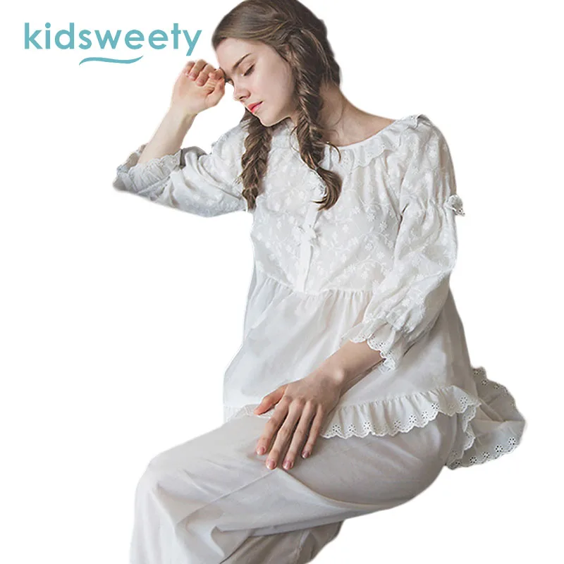 

Kidsweety Maternity Sleepwear Summer White Cotton Floral Falbala Print Top Bottom Homewear Pleated Lactation Maternity Sleepwear