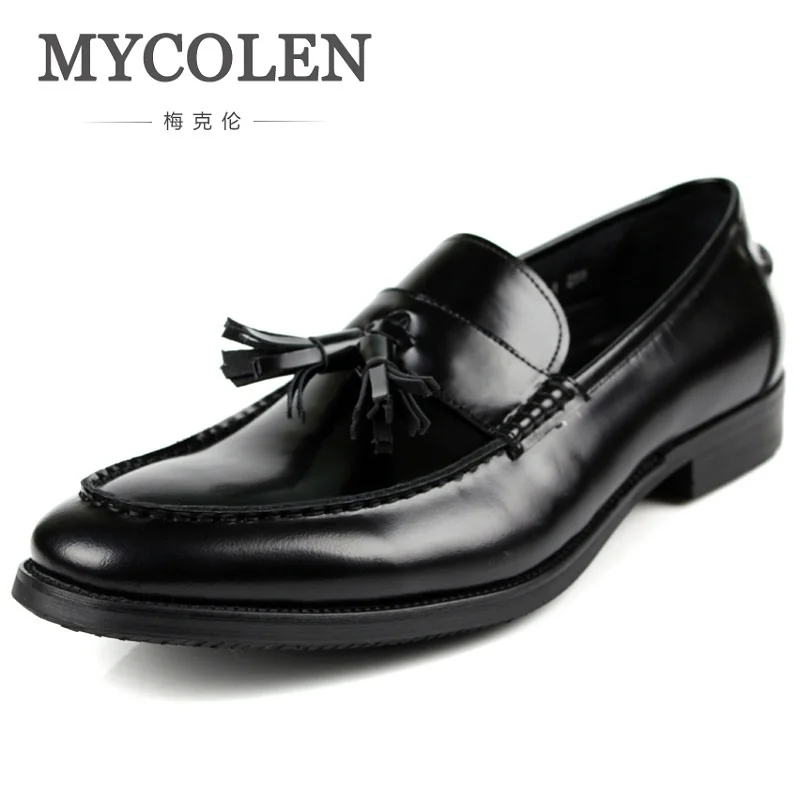 

MYCOLEN New Fashion Mens Genuine Leather Cow Pointed Toe Slip On Patent Leather Formal Shoes Dress Shoes Male Tassel Low Heel