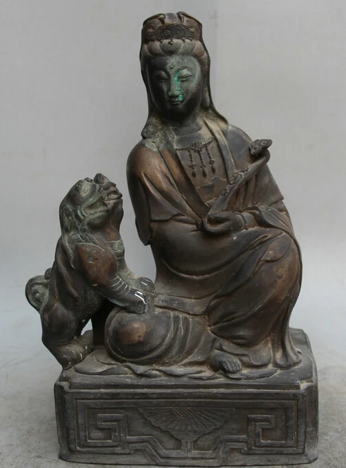 

JP S62 14" Chinese Buddhism Bronze Lion Ru Yi Kwan-yin Guan Yin Boddhisattva Pot Statue B0403