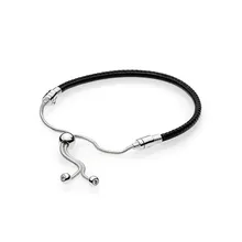 

New 925 Sterling Silver Bead Charm Chain Fit Original Moments Black Leather Sliding Branded Bracelet for Women DIY Jewelry Gift