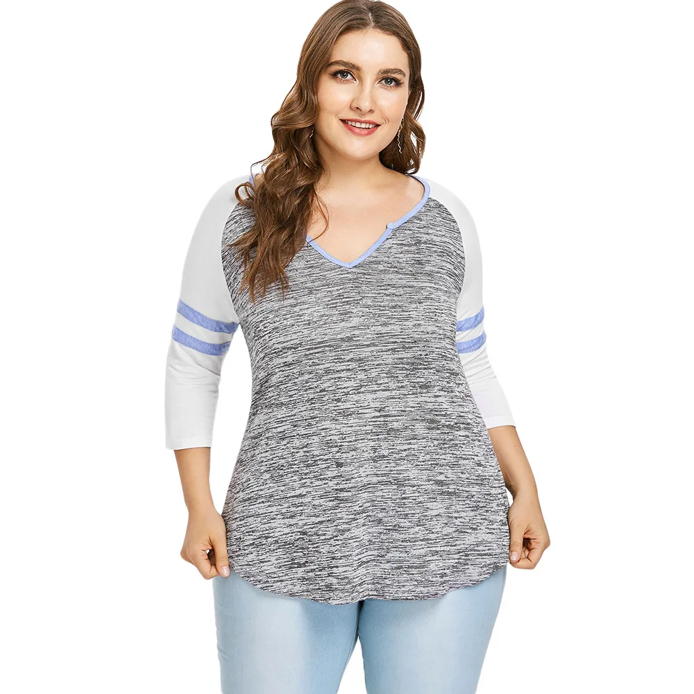 Wipalo Plus Size Raglan Three Quarter Sleeve Ringer T Shirt Women