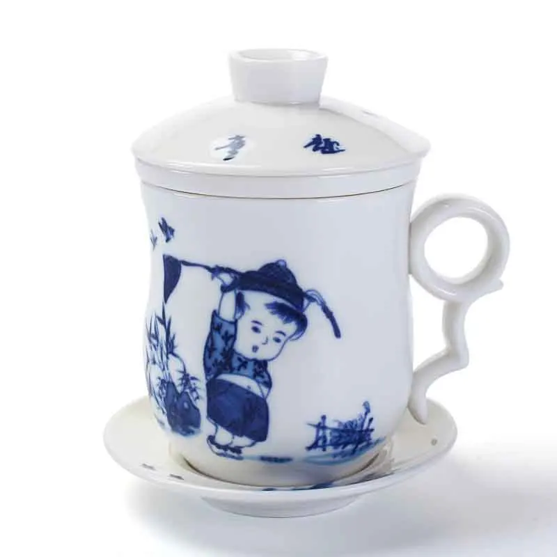Синяя и белая керамическая чашка с крышкой для офиса, содержащая семью из четырех отдельных стеклянных фильтров, подарочные кружки для встречи - Цвет: 18