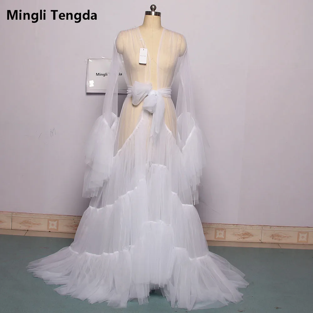 Свадебные фотосессия халат, для невесты, с фатиновой юбкой Иллюзия пикантные длинными рукавами с оборками, костюмы индивидуальный заказ mingli Tengda