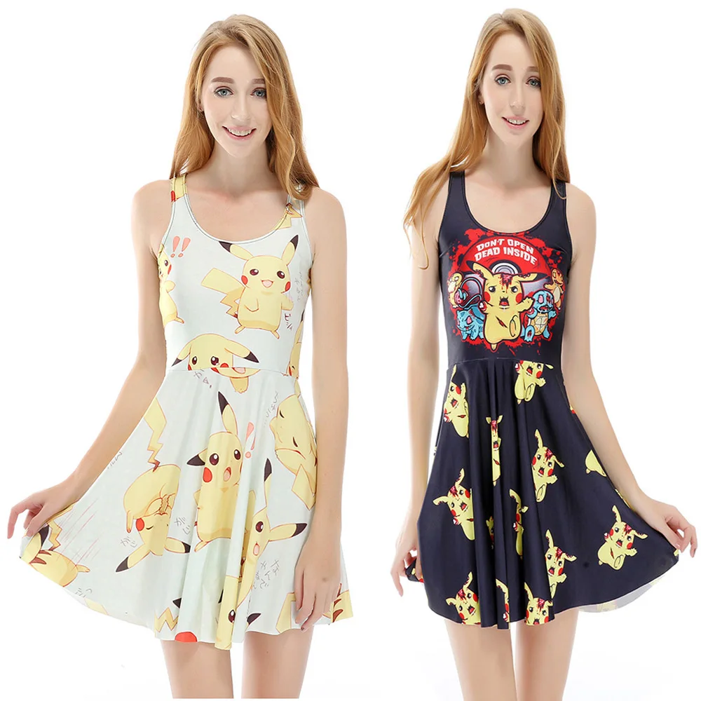 

Pikachu Dress Cartoon Pokemon Cosplay Fashion Wild Print Slim Dress Women Fashion Hot Sale Women Pleated Skirt