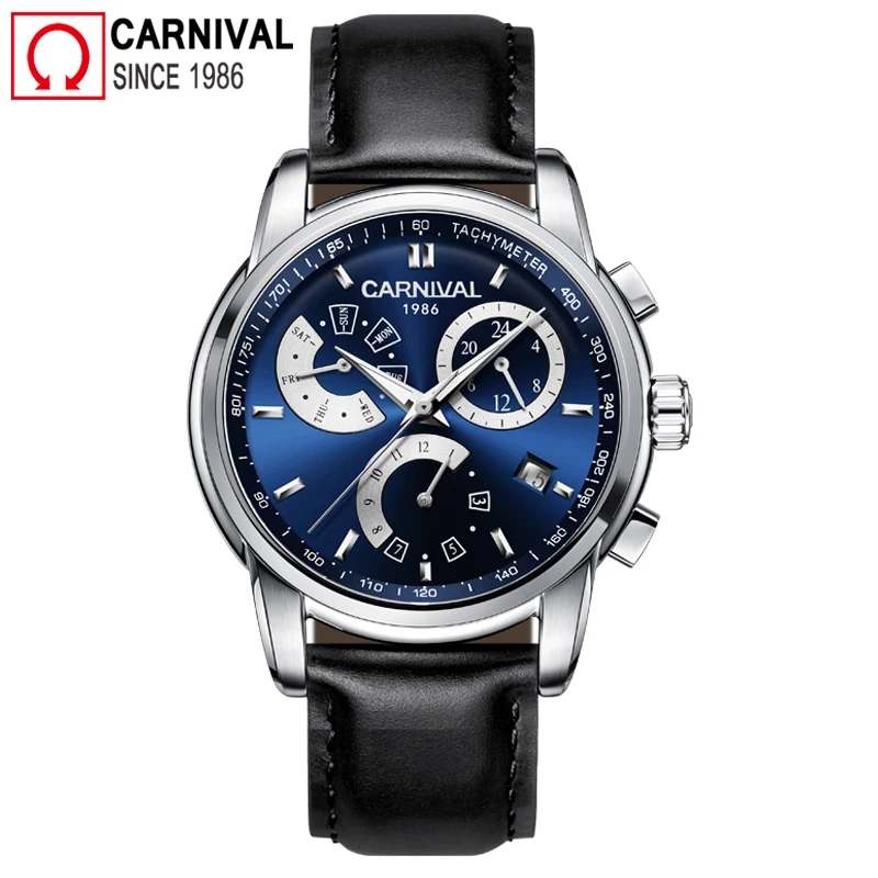 

Carnival 2018 Original Automatic Watch Men Leather Strap Mens Mechanical Watches Multifunction Male Clock New Xfcs reloj hombre