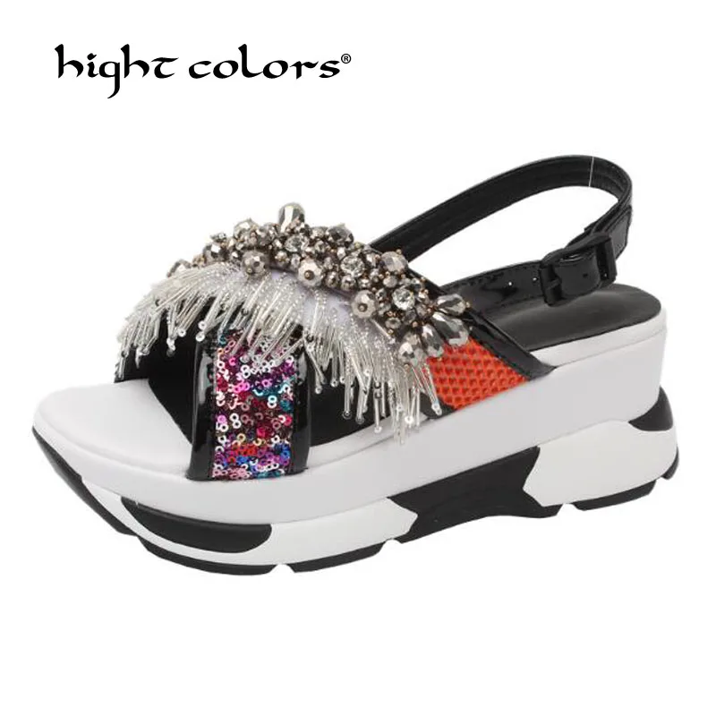 

Genuine leather sandals Waterproof platform shoes wedge sandals female summer flat ladies diamond fish mouth Roman shoe Creepers