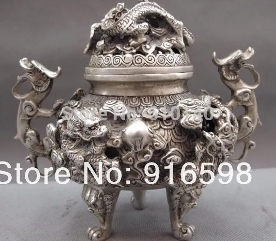 

Tibet palace refine White Copper Silver Nine Dragon beast incense burner Censer