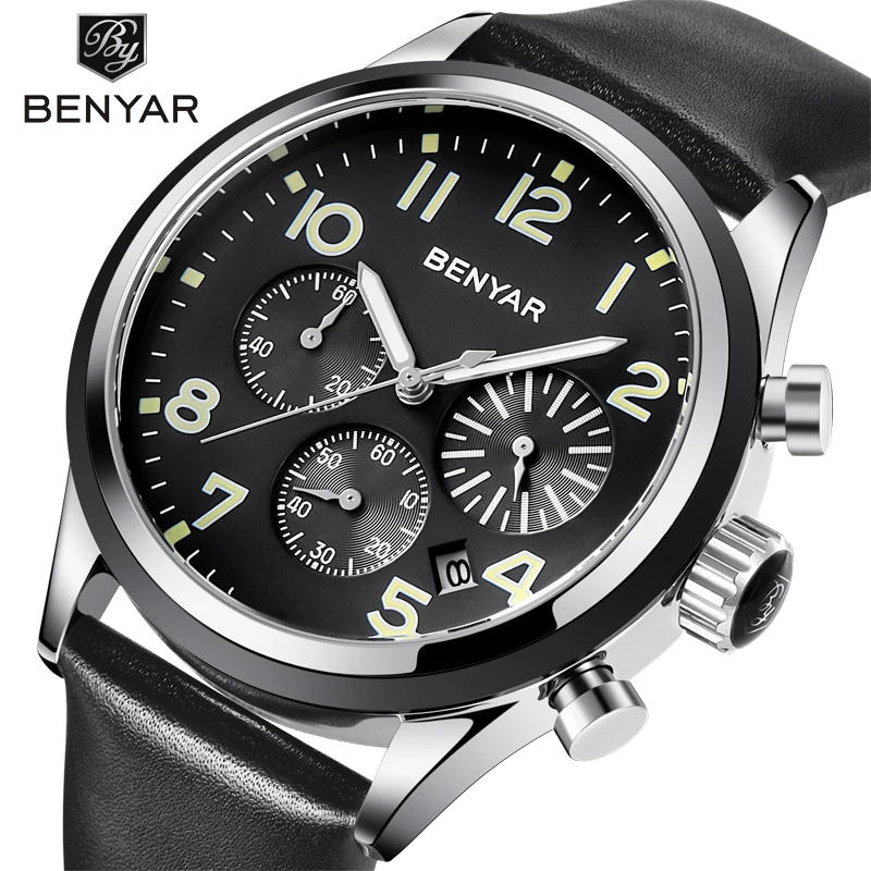 

BENYAR Top Brand Luxury Men Business Leather Watch Army Military Chronograph Watch Male Quartz Wrist Watches Male Clock