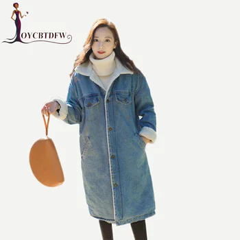 

Winter Jacket 2018 New Fashion Mediun long Women Denim Overcoat Long-sleeved Single breasted Solid color Women Cowboy Coat DD265