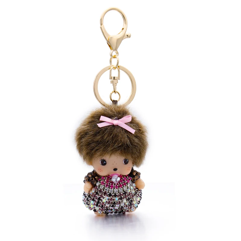 Rhinestone Monchhichi gold metal keychain creative Monchichi car keyring purse messenger bag ...