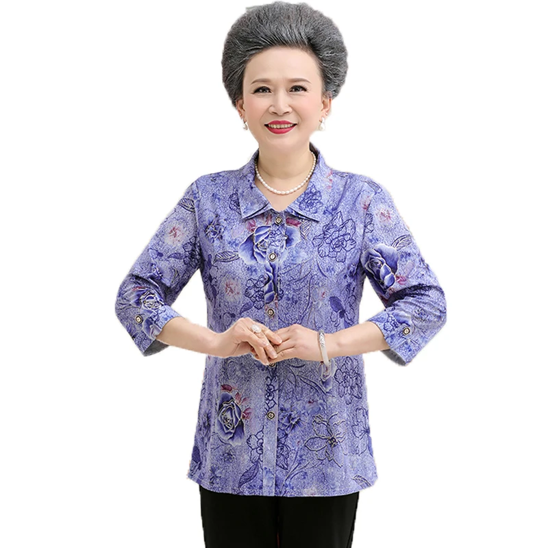 

WAEOLSA Chinese Style Woman Causal Shirts Elderly Women Turn Down Collar Tops Blue Red Floral Print Blouse Mother Leisure Shirt