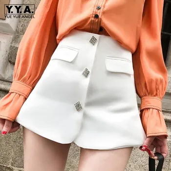 

New Women Sexy High Waist Shorts Skirts Crystal Buttons Korean Mini Shorts Zipper Office Ladies A Line Shorts Skirts Streetwear
