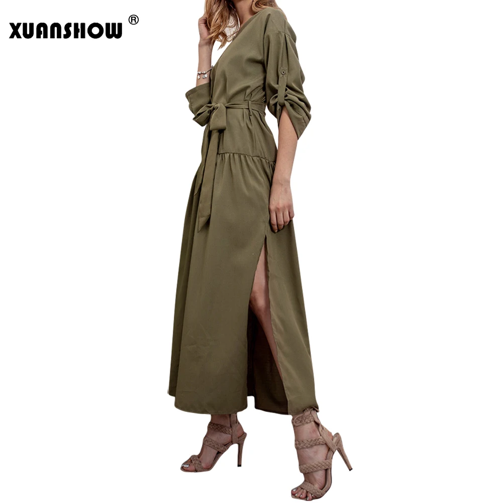 XUANSHOW Vestidos Verano 2018 пикантное женское длинное платье с V образным вырезом и поясом