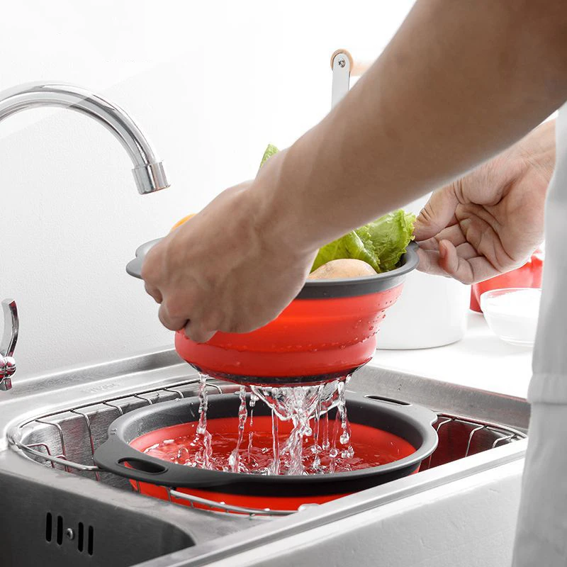 

Silicone Colander Drainer Kitchen Tools Fruit Vegetable Washing Basket Strainer Strainer Collapsible Kitchen Organizer Foldable