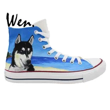 Wen Design Custom Shoes Original Hand Painted Pet Dog Husky Beach Men Women’s High Top Canvas Sneakers for Gifts