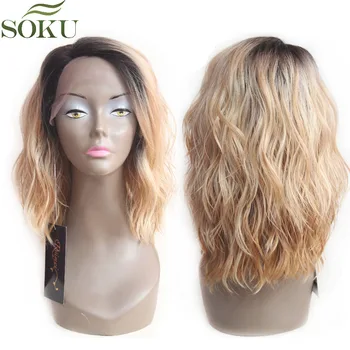 SOKU Synthetic Lace Front Wigs Ombre Blonde Natural Wave Short Bob Wigs Shoulder Length Deep Invisible Side L Part Wig For Women 2