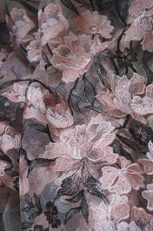 

5 yards pink fabric colorful lace fabric with embroidered pink roses, mixed colors deluxe embroidery