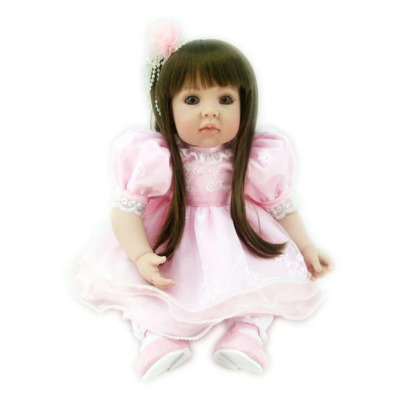 Soft Doll Reborn 20 inch Silicone Vinyl Reborn Girl Doll in Pink Dress with Bright Brown