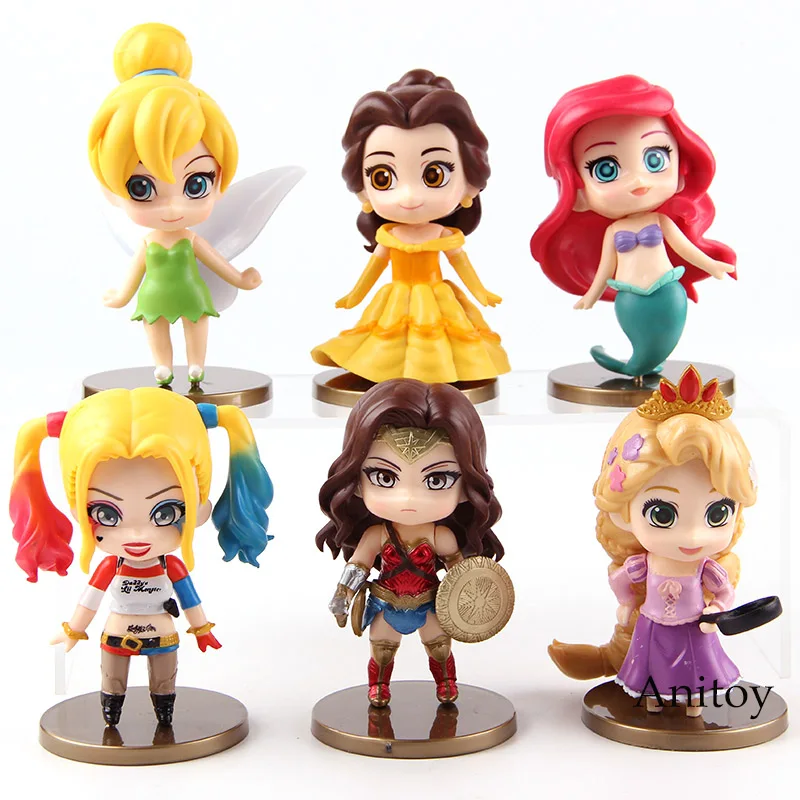 

Wonder Woman Harley Quinn Q Posket Belle Ariel Tinker Bell Tangled Rapunzel Doll Princess Figures Action PVC Cute Toys 6pcs/set