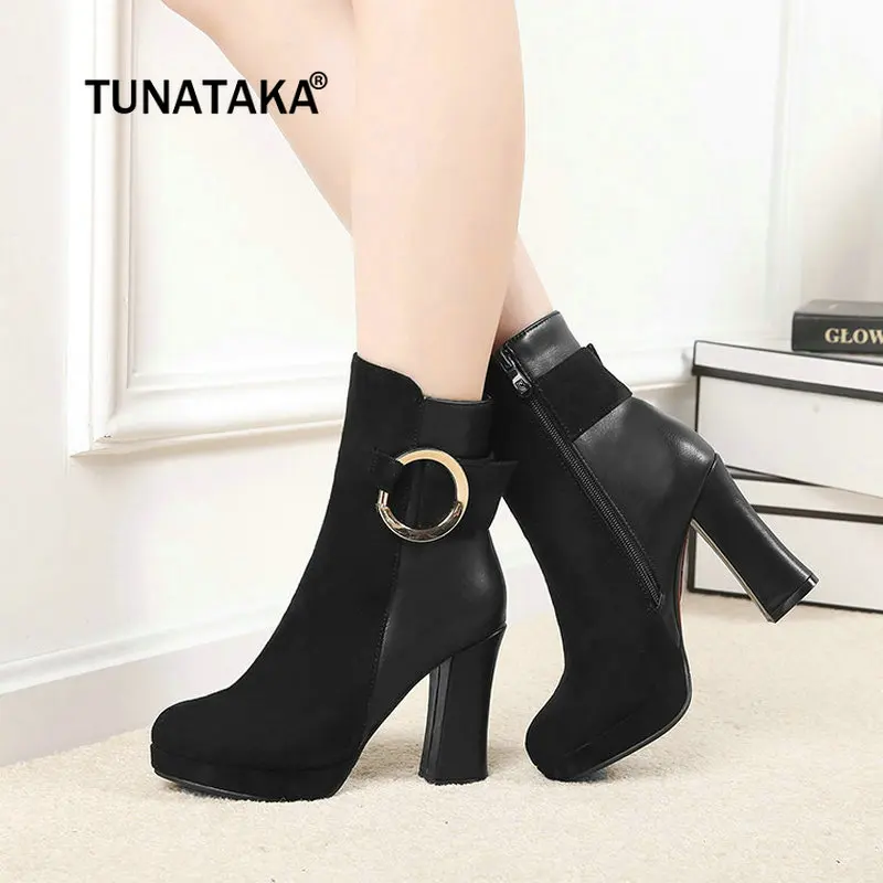 

Women Ankle Boots Platform Square High Heel Martin Boots Side Zipper Winter Fashion Women Shoes Black Blue Red