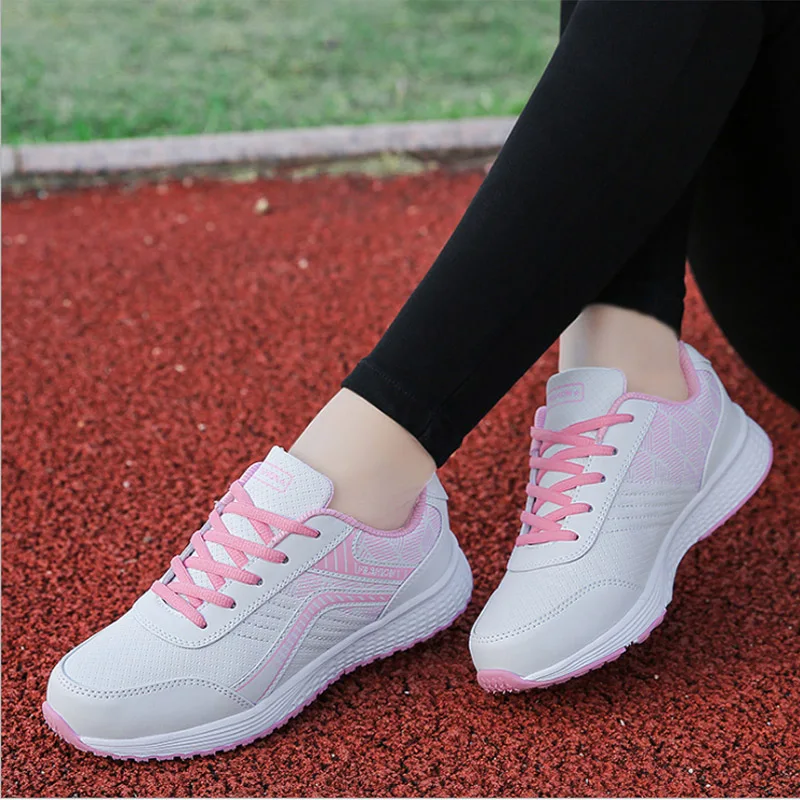 New All season Womens Leather Sneakers Light Non Slip Comfortable Lace up Running Shoes Woman EVA Sport Shoes Low Pink Purple 39