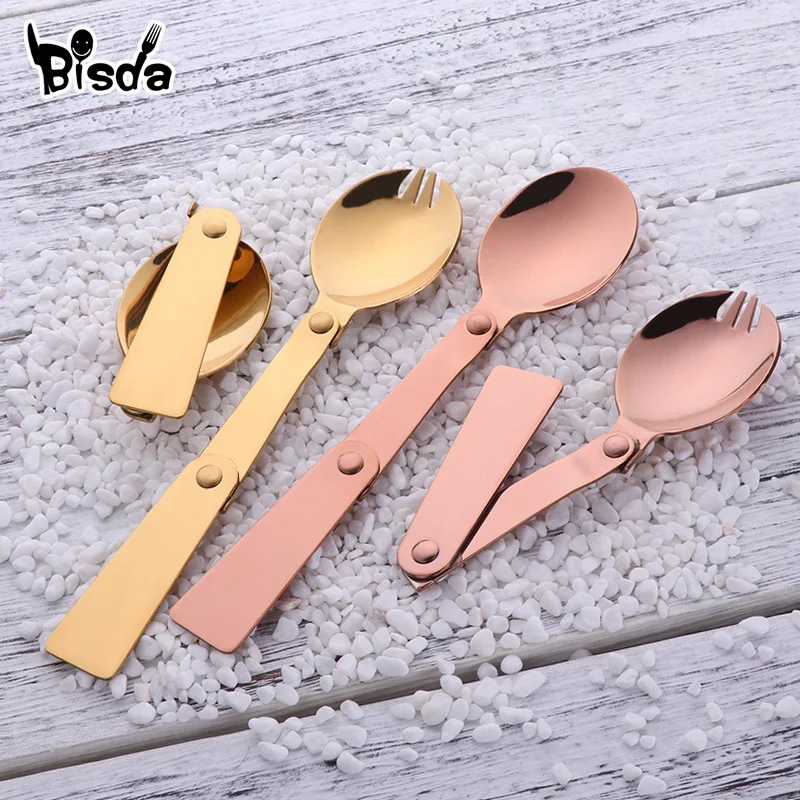 

2 Pcs/Set Portable Folding Spoon and Fork Set 304 Stainless Steel Camping Picnic Cutlery Kit Dinnerware Sets Travel Utensil Out