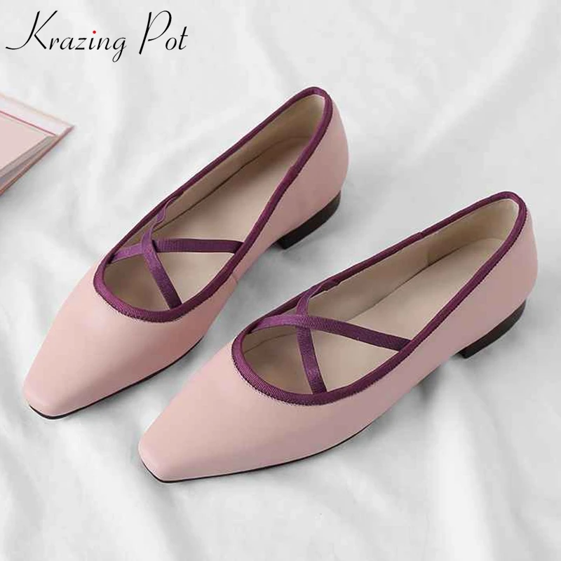 

Krazing Pot genuine leather slip on shallow square toe preppy style ballet dancer low heels Hollywood movie star cozy shoes L09