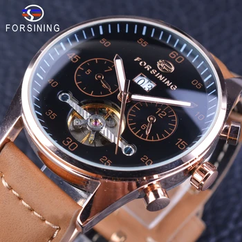 Forsining Mens Watches Top Brand Luxury Automatic Mechanical Multi-functional 2 Dial Tourbillion Watch Brown Genuine Leather