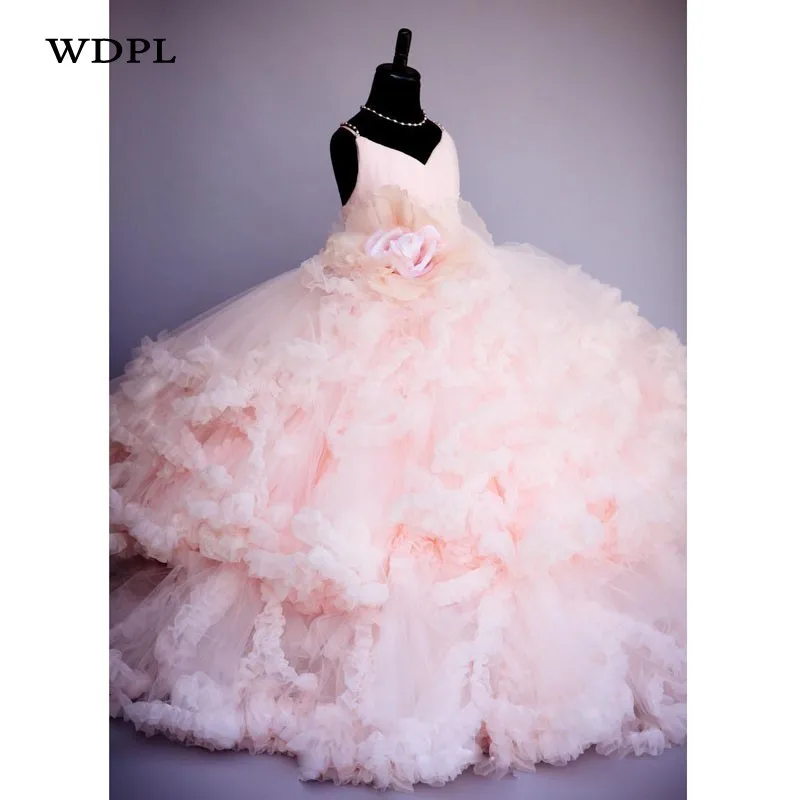 Розовые Платья с цветочным узором для девочек; Свадебная аппликация; пышные платья для девочек; фатиновое детское праздничное платье на день рождения; платье принцессы на заказ